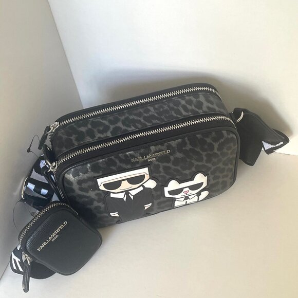Karl Lagerfeld Maybelle Crossbody Black Ikons Leopard Airpods Coin Case - Picture 6 of 13